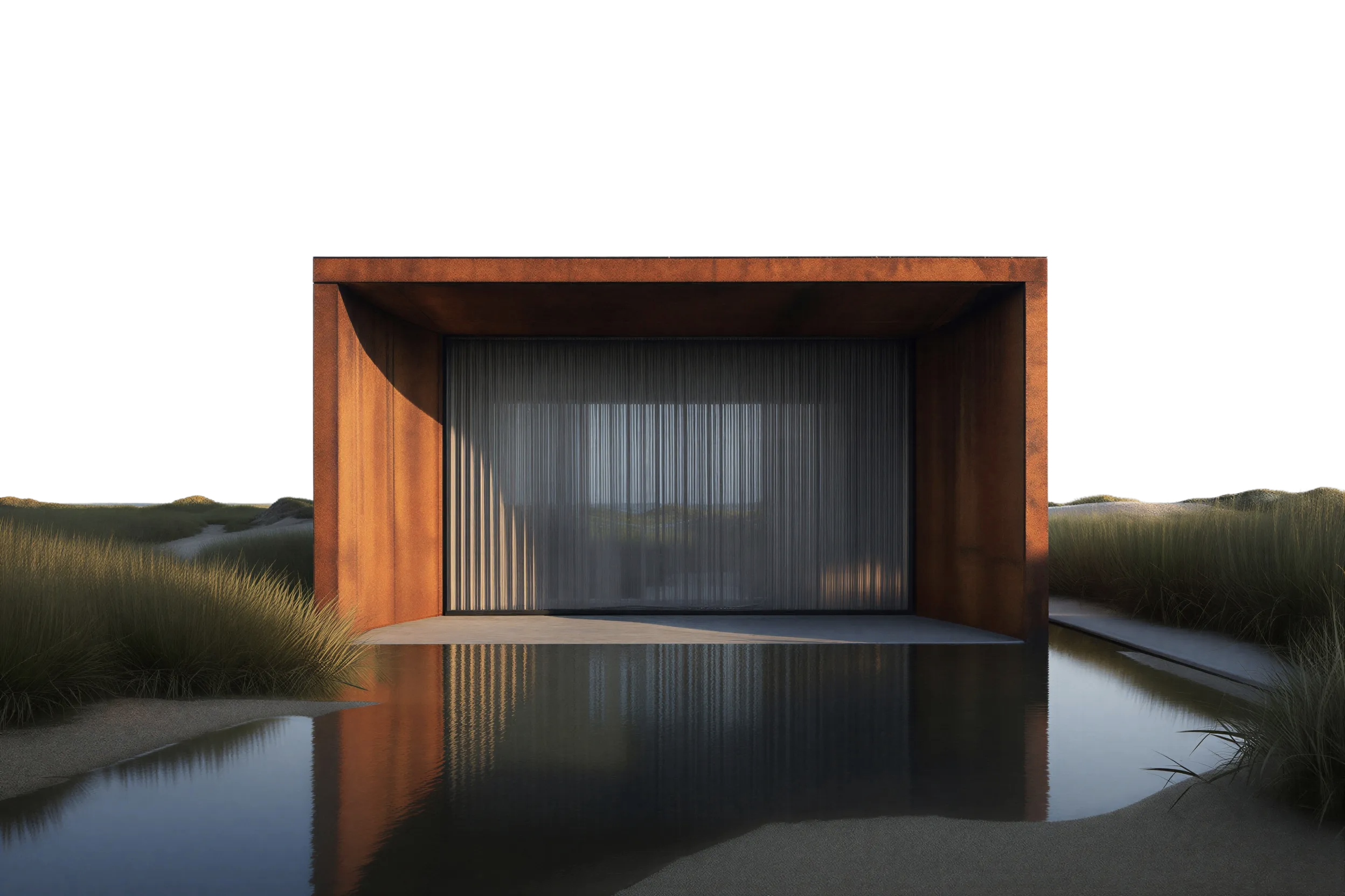 Modern architectural pavilion with reflection